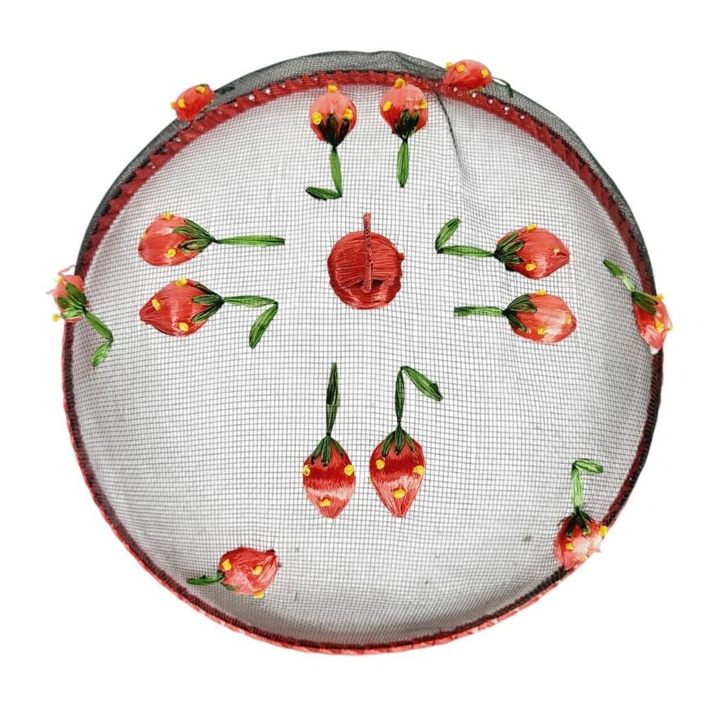 Vintage 60s Domed Embroidered Mesh Raffia Strawberries Round Food Cover